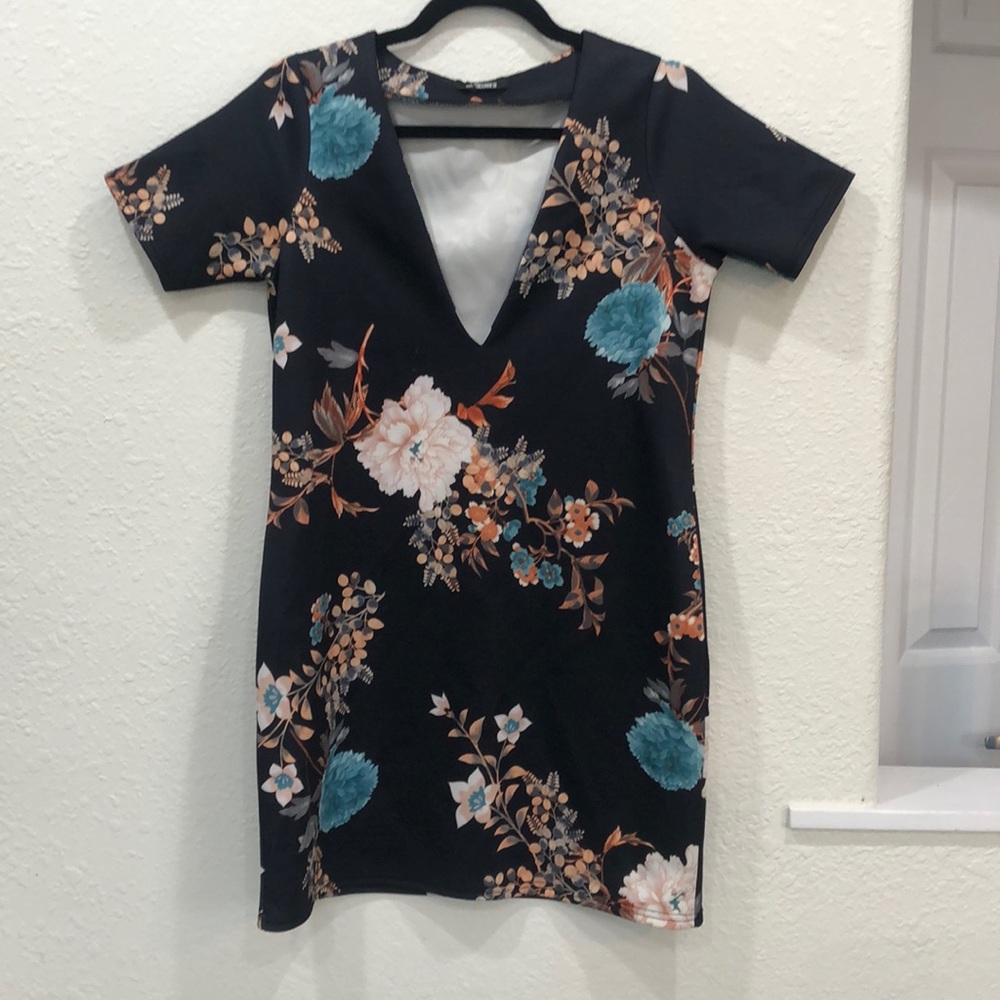 Misguided black deep v dress with floral pattern